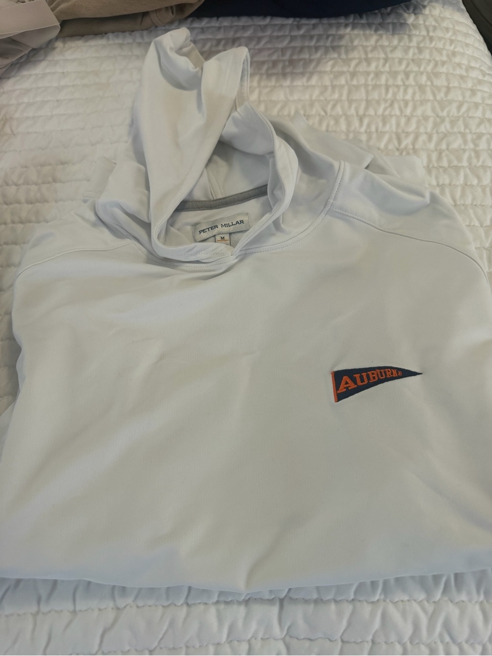 Peter Millar White Hooded Crewneck with Auburn Pennant Logo